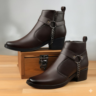 BXXY Men 5-6cm Heel Height Increasing, Chain Design Brown Casual Formal Ankle Boot Boots For Men(Brown , 6)