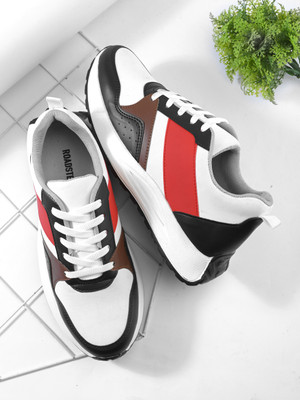 Roadster Men white black colourblocked chunky lace up casual athleisure comfortable snea Sneakers For Men(Black, Red, White , 10)