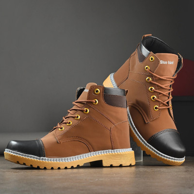 Shoe Island Leather Solid Tough Heavy Duty High Ankle Length Mens Casual Long Boots For Men Boots For Men(Brown , 8)