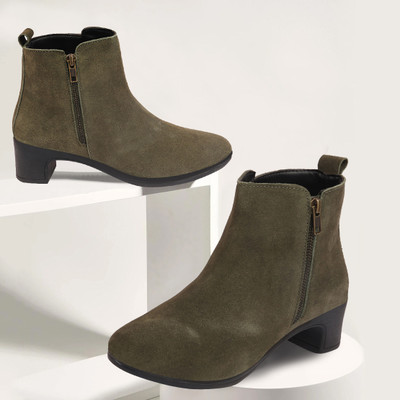 FAUSTO Flared Heel Mid Top Suede Leather Zipper Closure Winter Chelsea Boots For Women(Olive , 7)