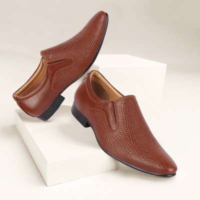 FAUSTO Embossed Design Formal Leather Shoes Slip On For Men(Tan)