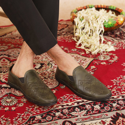 FAUSTO Ethnic Party Wedding Embroidery Floral Design Side Stitched Prom Slip On Mojaris For Men(Olive , 6)