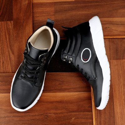 Shoe Island Stylish Premium Black Leather Party Running Casual Shoes Men Sneakers For Men High Tops For Men(Black , 9)