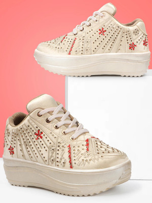 VENDOZ BRIDAL GLITTERY EMBROIDERY WEDDING AND PARTY SNEAKERS For Women(Gold, Multicolor , 7)