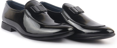 FAUSTO Bow Design Patent Leather Evening Cocktail Party Shoes|Suit Dress Loafers Slip On For Men(Black , 7)