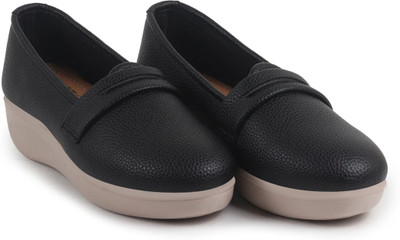 FAUSTO Textured Slip On Casual Shoes Flatform Heel Height Enhancer|All Day Comfort Loafers For Women(Black , 7)