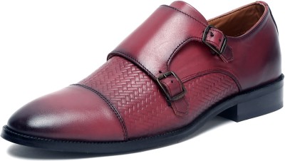 LOUIS STITCH Italian Monk Strap Handmade Stylish Brown Leather Shoes for Men (EUWEDMRW) Monk Strap For Men(Maroon , 8)