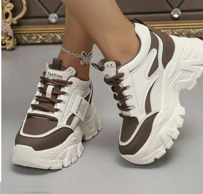 Pharaoh Trendy White and Brown Platform Sneakers with Fashionable Accents Party Wear For Women(Brown , 7)