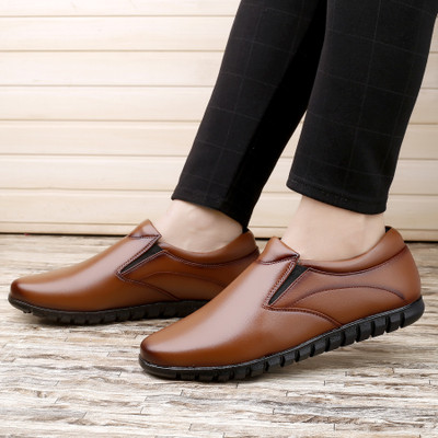 Zixer Genuine Synthetic Leather Office Black Formal Shoes For Men Branded Without Lace Slip On For Men(Tan , 9)