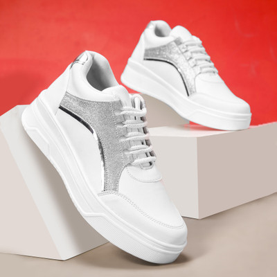 jm looks Women Chunky Sneakers Lace-Up Casual Shoes for Women Daily Wear Gym Office Wear Sneakers For Women(Silver , 3)