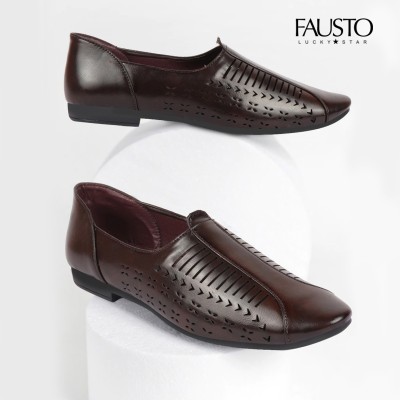 FAUSTO Laser Cut Design Stitched Ethnic Juttis and Mojaris For Men(Brown , 10)