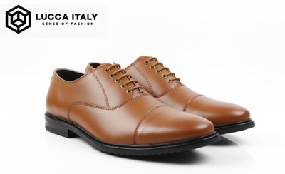 Lucca Italy Genuine Leather Men's Classic Oxford Formal Shoes, Lace-up LI0103 Corporate Casuals For Men(Tan, Brown , 8)