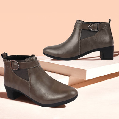 FAUSTO Flared Heel Mid Ankle Classic Winter Buckle Strap Chelsea Boots For Women(Grey , 2)