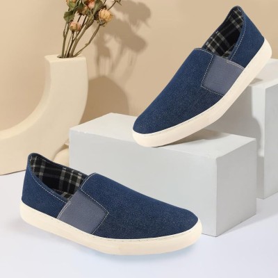 FAUSTO Colorblocked Denim/Canvas Slip On Casual Shoes Mojaris For Men(Navy)