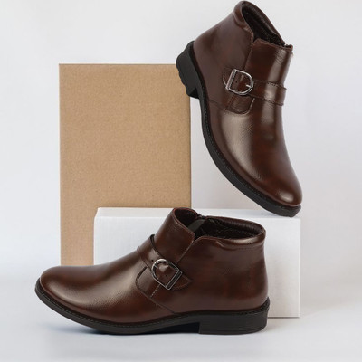 FAUSTO Mid Top Buckle Design Side Zipper Single Strap Monk Boots For Men(Brown , 8)
