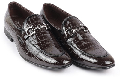 FAUSTO Party Formal Patent Leather Embossed Design Buckle Loafer Shoes Slip On For Men(Brown , 8)
