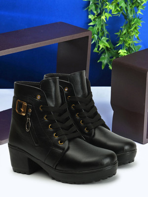 Yuggi Women’s Grey Lace-Up Boots with Zip & Buckle Detail and Block Heel Boots For Women(Black , 6)