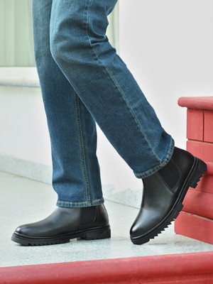 JK PORT Classic Black Slip-On Synthetic Leather Ankle-Length Chelsea Boot for men Boots For Men(Black , 6)