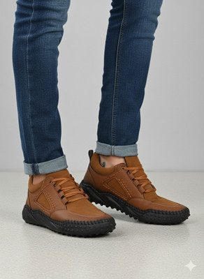 JK PORT Men Casual Tan Sneakers | Stylish Outdoor Loafers with Lace-Up & Anti-Slip Sole Casuals For Men(Tan , 6)