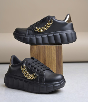 jm looks Women Chunky Sneakers Lace-Up Casual Shoes for Women Daily Wear Gym Office Wear Sneakers For Women(Black , 5)