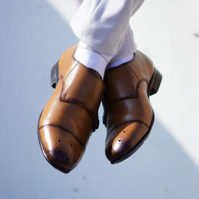 MATR LIFESTYLE MATR Strap Me Down Men’s Tan Leather Double Monk Strap Shoes – Brogue Toe Formal Monk Strap For Men(Tan , 7)
