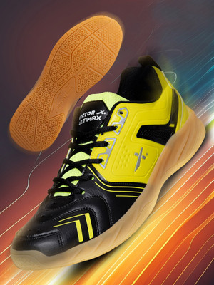 VECTOR X Ultimax Synthetic Leather, Breathable Mesh With Creep Rubber Sole Badminton Shoes For Men(Black, Green , 7)