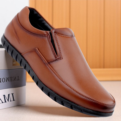 Zixer official Leather Formal shoes for men without lace Up Formal party shoes Boys Derby For Men(Tan , 8)