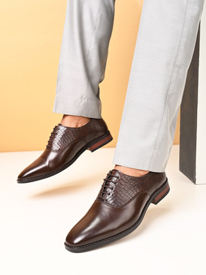 House of Pataudi PU Synthetic Textured Lace-Ups Oxford Formal Shoes Oxford For Men(Brown , 9)