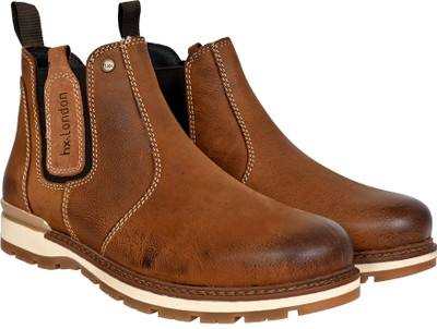 HX London Tan Leather Round Toe Mid Top Chelsea Boots Boots For Men(Tan , 9)