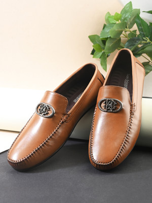 SAN FRISSCO Men tan handcrafted genuine leather solid semi casual office wear round toe sli Loafers For Men(Tan , 10)