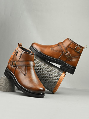 KILLER Men’s Burnished Leather Ankle Boots with Dual Buckle Straps Boots For Men(Tan , 10)