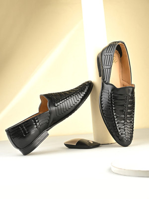 House of Pataudi Men’s Stylish Loafers | Handcrafted Woven Slip-On Formal & Casual Shoes Mojaris For Men(Black , 7)