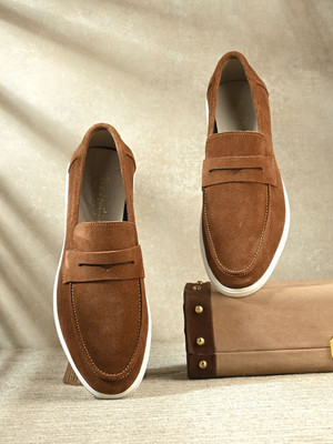 Just Leather Men Suede Leather Loafers with Bow -Cushioned Comfort, Durable & Everyday Luxury Loafers For Men(Tan , 8)