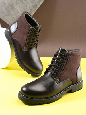 Roadster Men brown leatherette solid round toe comfortable lace up high top ankle biker Boots For Men(Brown , 7)