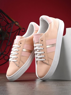 Dressberry Women Peach-Coloured White Lightweight Lace-Up Sneakers Sneakers For Women(Pink , 5)