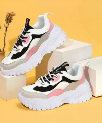 Footox Casual Shoes Sneakers For Women(Black, White, Pink , 5)