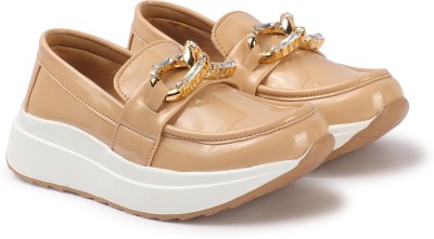 STEPIZIA Casual Buckle Detailed Platform Loafers For Women & Girls Loafers For Women(Beige , 8)