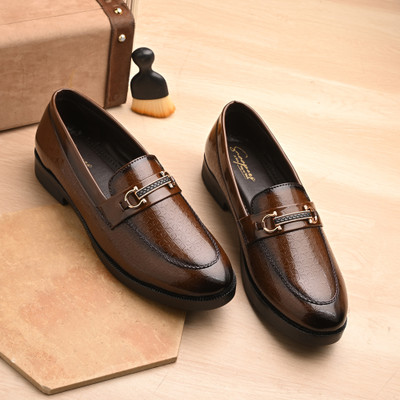 Snoopers Premium Design, Shiny Partywear Loafers For Men(Tan , 8)