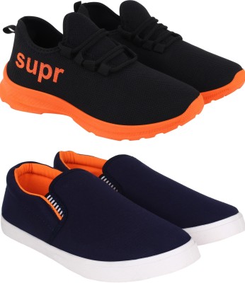 Free Kicks Combo of 2 FK - 411 & FITMAN Stylish Running Shoes For Men(Black, Orange, Blue)