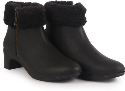 FAUSTO High Ankle Flared Heel Side Zipper Winter Classic Fur Boots|Outdoor Boots|Work Boots For Women(Black , 5)