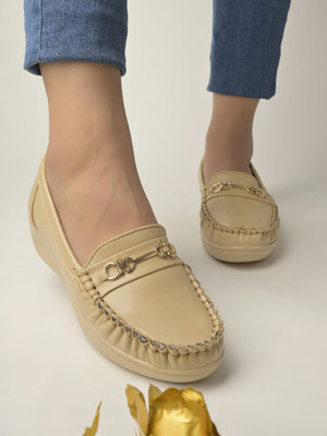 SHOETOPIA Stylish Comfortable Upper Metalic Buckle Detailed Beige Loafers For Girls For Women(Beige , 3)