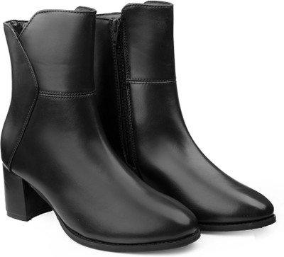 YUVRATO BAXI Sleek Vegan Leather Ankle Boots with Side Zip and Block Heel Slip On For Women(Black , 6.5)