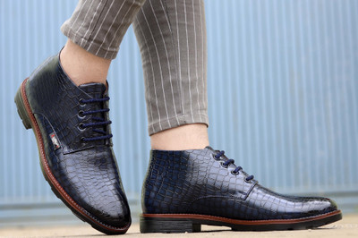 Zixer MEN'S HANDCRAFTED LEATHER ANKLE CLASSIC FORMAL SHOES FOR MEN ||OFFICE LONG BOOT Lace Up For Men(Blue , 9)