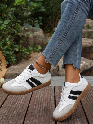 Layasa Colorblock Flat with Ultra Soft Cushion Lace-Up All-Day Comfort Sneakers For Women(White , 6)