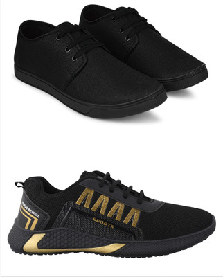 Free Kicks Combo Of 2 Shoes FK-205 & FK-393 Sneakers For Men(Black, Gold , 9)