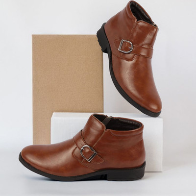 FAUSTO Mid Top Buckle Design Side Zipper Single Strap Monk Boots For Men(Tan , 8)