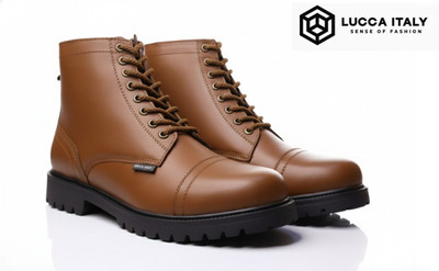 Lucca Italy Genuine Leather Men's Combat Boots, Tan, Cap Toe, Lace-up, Rubber Sole Boots For Men(Tan , 8)