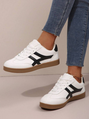 Layasa Colorblock Flat Sneakers with Ultra Soft Cushion Lace-Up All-Day Comfort Shoes| Sneakers For Women(White , 4)