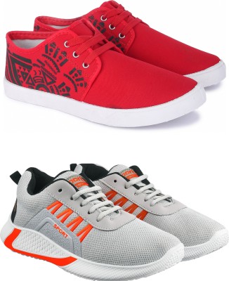 Free Kicks Combo Of 2 Shoes FK-202 & FK-444 Sneakers For Men(Grey, Orange , 8)