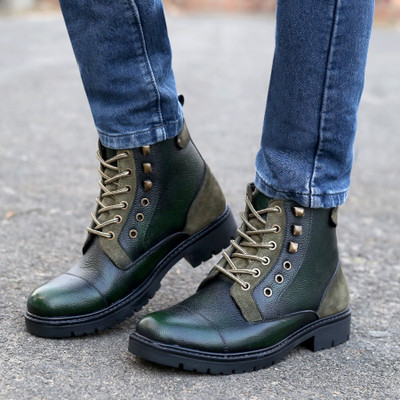 bacca bucci DRAGON Leather Boots for Bikers Riders Trekking Trail & Hiking with Fur Lining Boots For Men(Olive , 6)